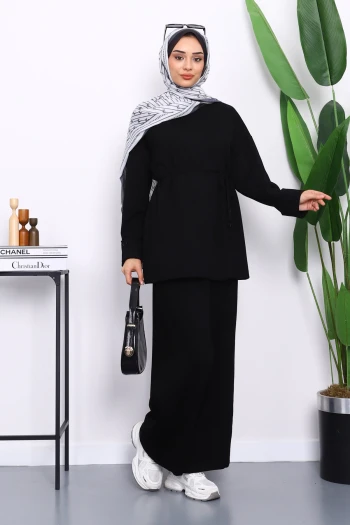 Siyah Düğme Detaylı Tunik Pantolonlu Modal Takım