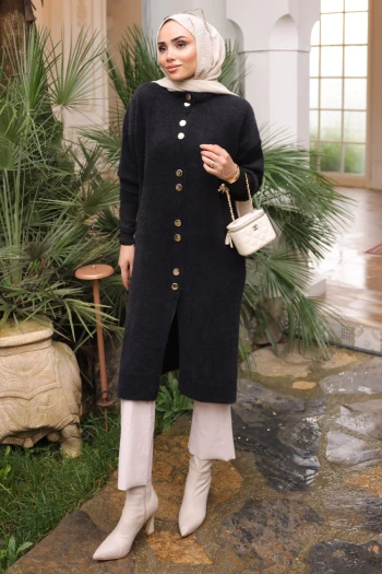 Siyah Düğmeli Angora Yumoş Triko Hırka