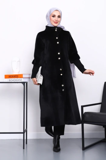 Siyah Düğmeli Kolları Triko Angora Kaban