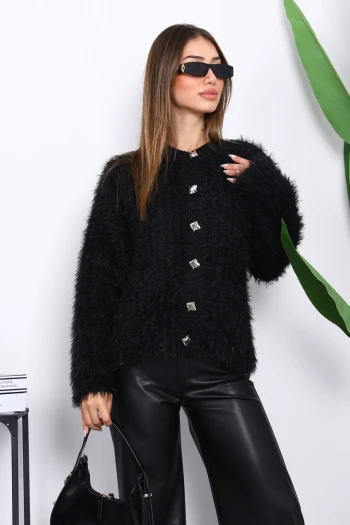 Siyah Düğmeli Simli Angora Yumoş Triko Hırka