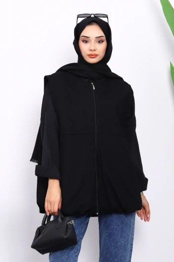 Siyah Fermuarlı Oversize Astarlı Yelek
