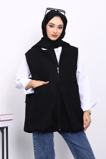 Siyah Fermuarlı Oversize Astarlı Yelek