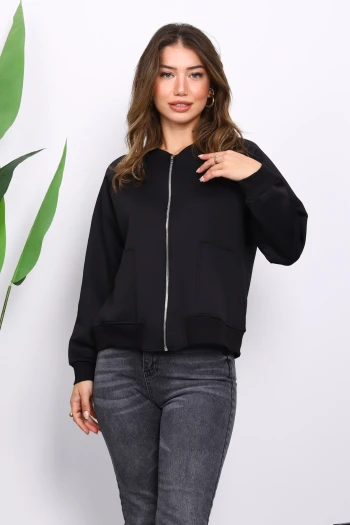 Siyah Fermuarlı Scuba Kısa Ceket