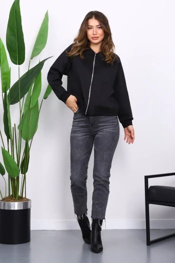 Siyah Fermuarlı Scuba Kısa Ceket