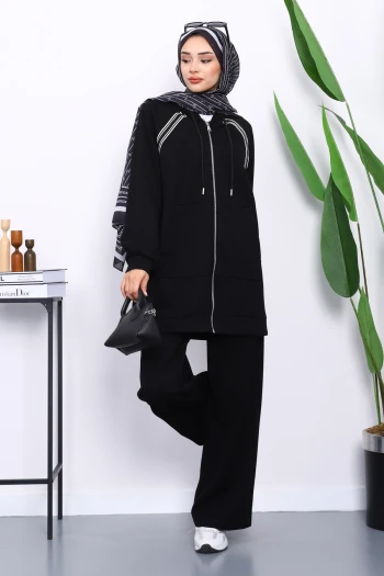 Siyah Fermuarlı Tunik Pantolonlu Modal Takım
