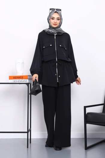 Siyah Fermuarlı Tunik Pantolonlu Modal Takım