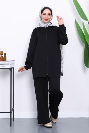Siyah Fermuarlı Tunik Pantolonlu Takım