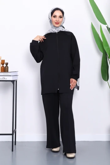 Siyah Fermuarlı Tunik Pantolonlu Takım