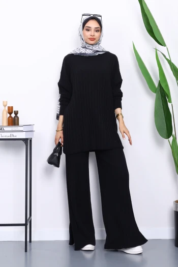 Siyah Fitilli Yumoş Tunik Pantolonlu Takım