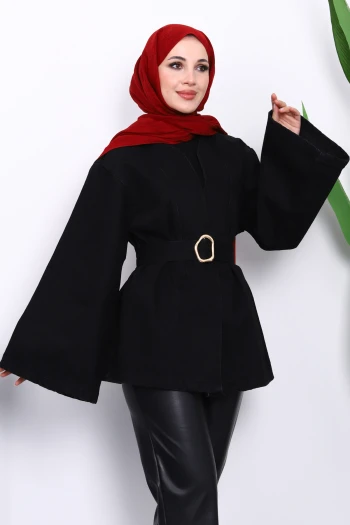 Siyah Geniş Kol Kemerli Kot Ceket