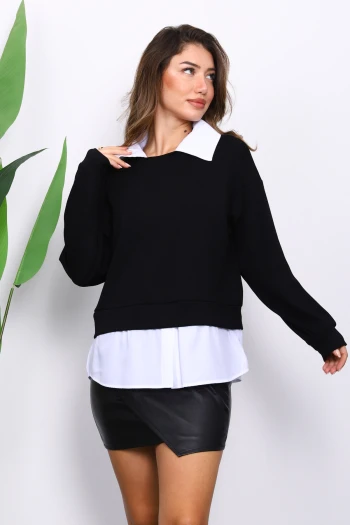 Siyah Gömlek Garnili Modal Sweat