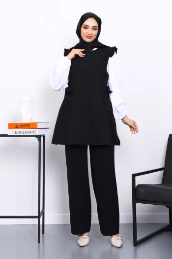 Siyah Gömlek Yelek Pantolonlu Üçlü Takım