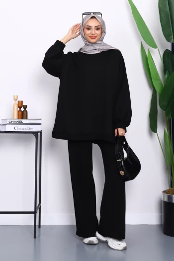 Siyah İki İplik Oversize Pantolonlu Takım