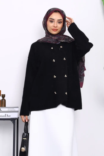 Siyah Kalp Düğme Detaylı Angora Yumoş Triko Hırka