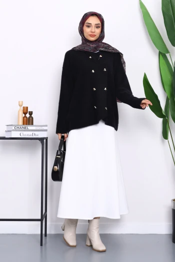 Siyah Kalp Düğme Detaylı Angora Yumoş Triko Hırka