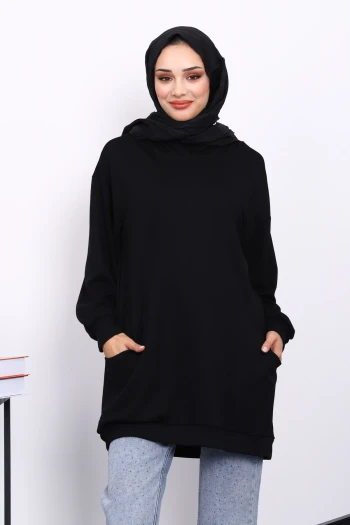 Siyah Kapşonlu Çift Cepli Tunik