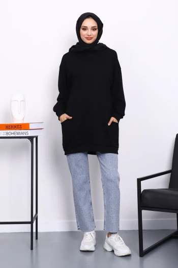 Siyah Kapşonlu Çift Cepli Tunik