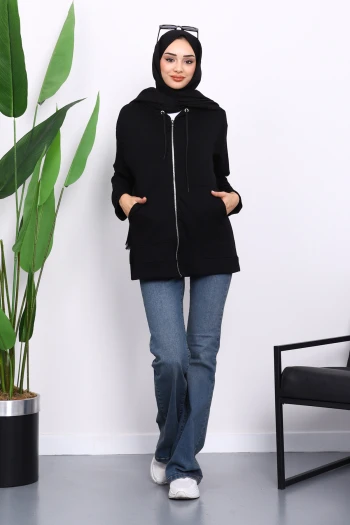 Siyah Kapşonlu Fermuarlı Modal Sweat Hırka