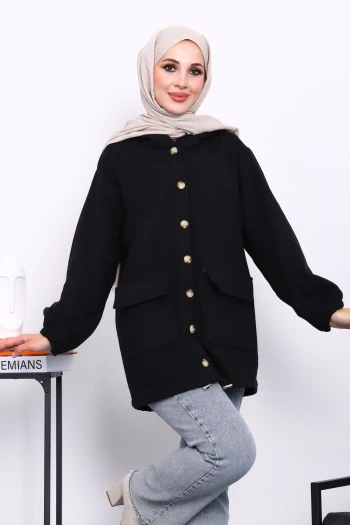 Siyah Kapüşonlu  Düğmeli İnce Kaşe Ceket
