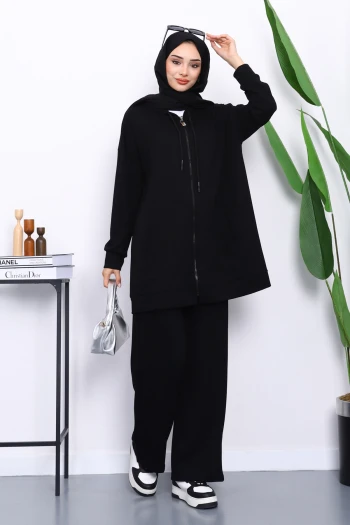 Siyah Kapüşonlu Modal Tunik Pantolonlu Takım