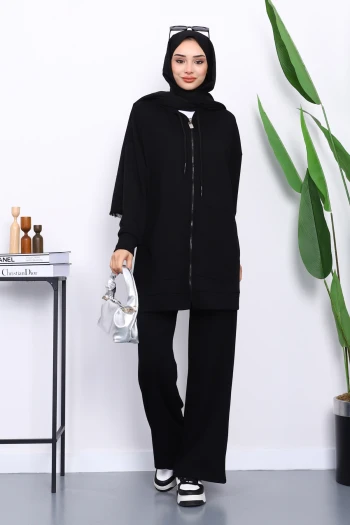 Siyah Kapüşonlu Modal Tunik Pantolonlu Takım