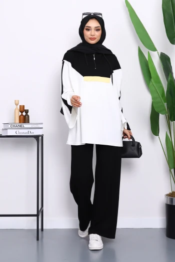 Siyah Kapüşonlu Tunik Pantolonlu Modal Takım