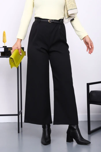 Siyah Kemerli Yan Fermuarlı Pantolon