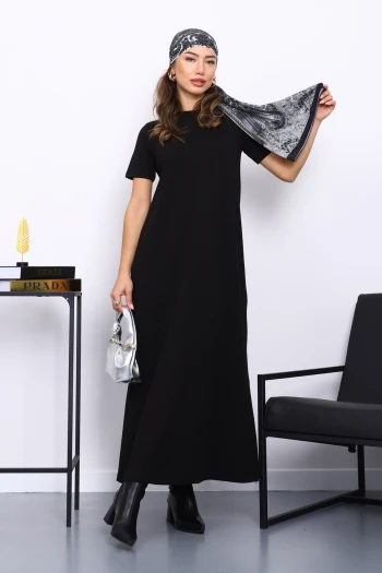 Siyah Kısa Kol Tesettür İçlik Elbise