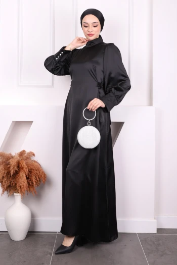 Siyah Kol Düğmeli Beli Kuşaklı Saten Abiye