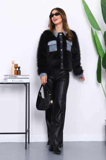 Siyah Kot Detaylı Cepli Kürk Ceket