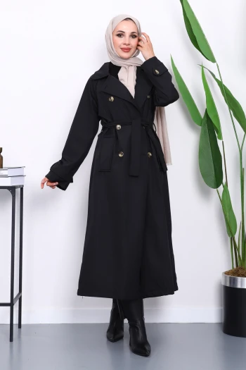 Siyah Kravuze Yaka Kuşaklı Astarlı Trençkot