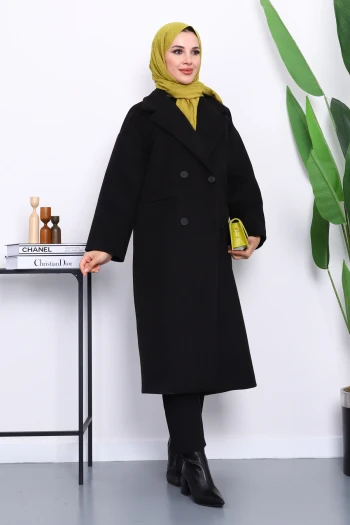 Siyah Kruvaze Yaka Astarlı Kaşe Kaban