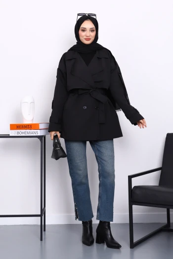 Siyah Kruvaze Yaka Astarlı Kısa Trençkot