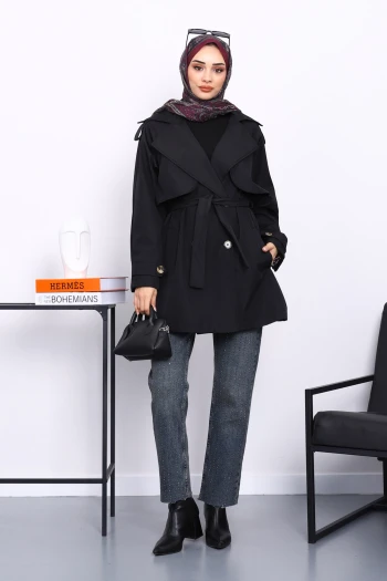 Siyah Kruvaze Yaka Astarlı Trençkot