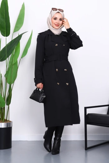 Siyah Kruvaze Yaka Astarlı Trençkot