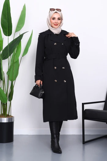 Siyah Kruvaze Yaka Astarlı Trençkot