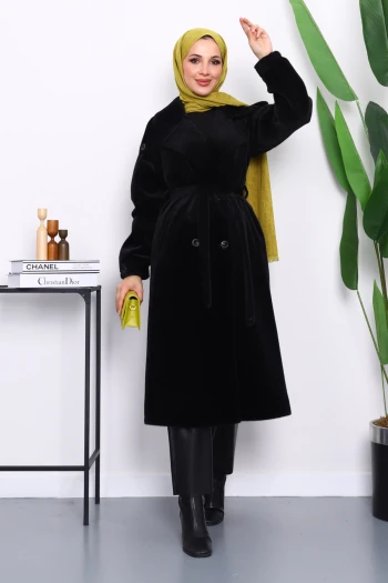 Siyah Kruvaze Yaka Kuşaklı Angora Kaban