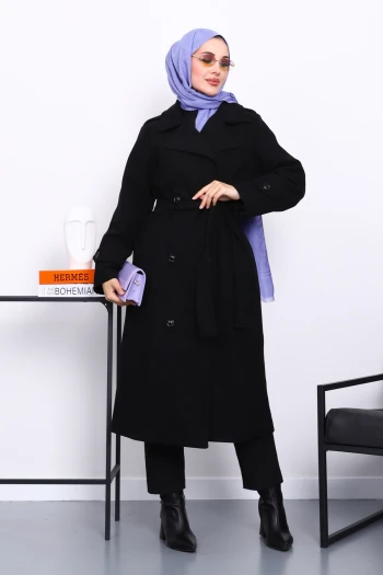 Siyah Kruvaze Yaka Kuşaklı Kaşe Kaban