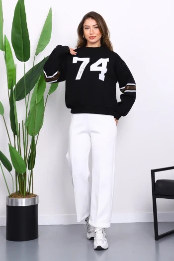 Siyah Ön Ve Kol Baskılı Üç İplik Sweat