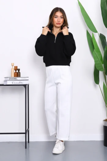 Siyah Önü Fermuarlı Üç İplik Crop Sweat