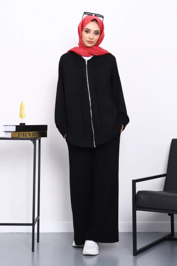 Siyah Önü Kısa Arkası Uzun Tunik Pantolonlu Takım