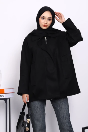 Siyah Oversize Fermuarlı Süet Ceket