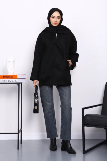 Siyah Oversize Fermuarlı Süet Ceket