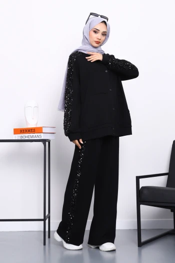 Siyah Pul Payetli Tunik Pantolonlu Takım