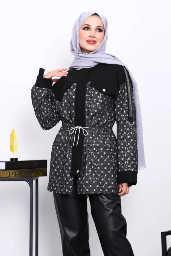 Siyah Sahte Cepli Bel Büzgülü Ceket