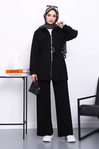 Siyah Sahte Cepli Bel Kuşaklı Modal Takım