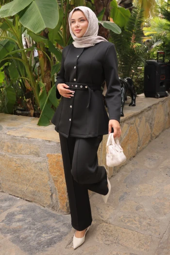 Siyah Scuba Çıtçıtlı Ceket Pantolonlu Takım