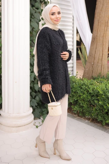 Siyah Simli Uzun Angora Yumoş Triko Hırka