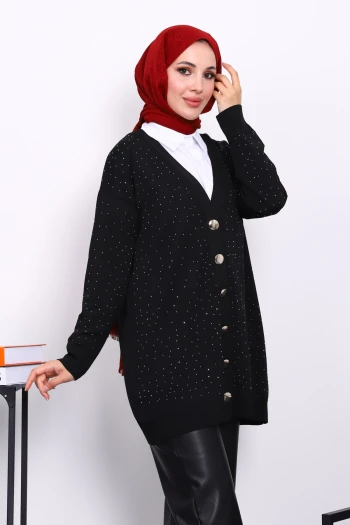 Siyah Soğuk İplik Taşlı Triko Hırka