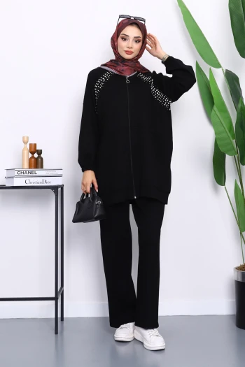 Siyah Taş Detaylı Fermuarlı Pantolonlu Tunik Modal Takım